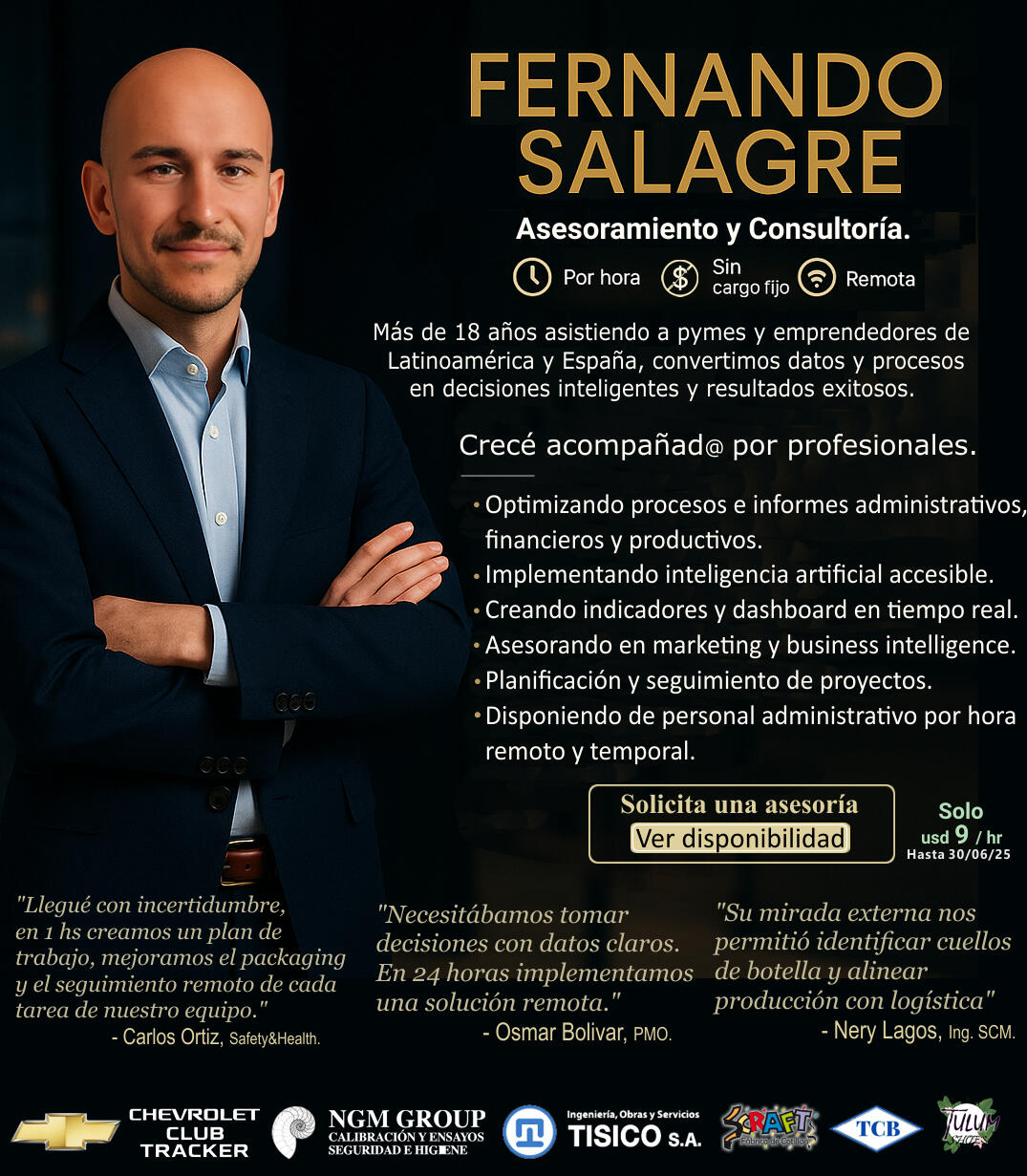 Optimizar procesos e informes administrativos financieros y productivos implementar inteligencia artificial facil Crear indicadores y dashboard en tiempo real Asesoramiento en marketing y business intelligence Planificación y seguimiento de proyectos Contr