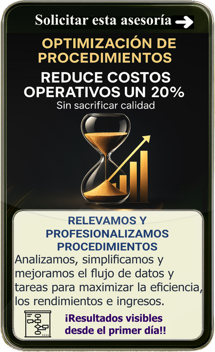 RELEVAMOS Y PROFESIONALIZAMOS PROCEDIMIENTOS. Analizamos, simplificamos y mejoramos el flujo de datos para maximizar eficiencia e ingresos.